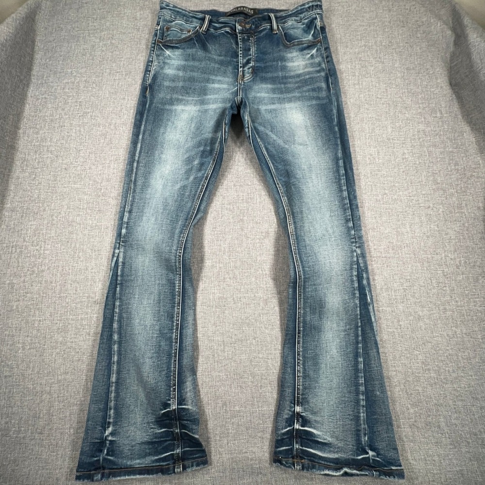 Valabasas Jeans Mens 36 (Fits 35x33) Slim Flare Faded Whisker Honeycomb Denim